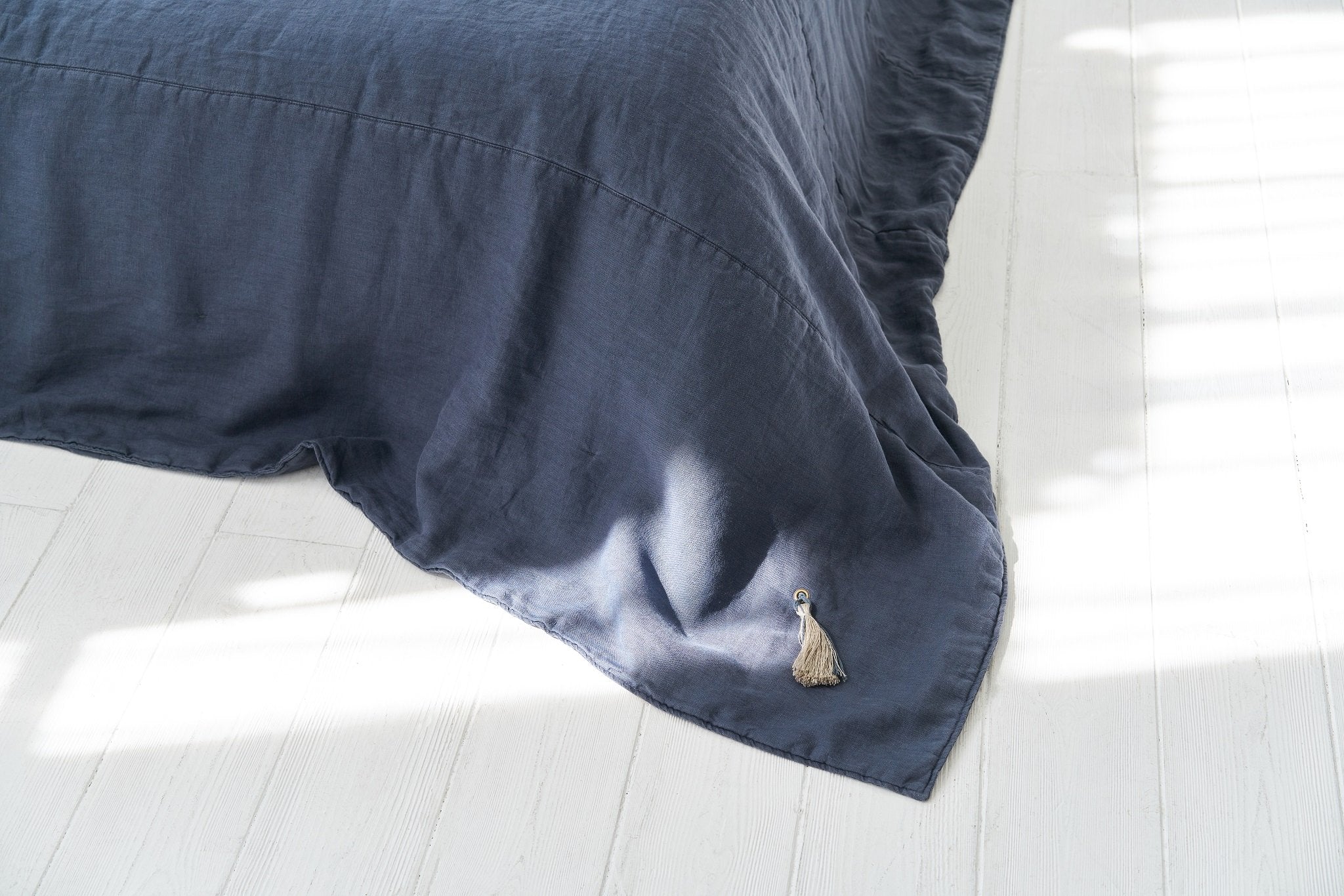 Double, Quilted, Stone Washed Linen Bed Spread Cover In Denim Blue