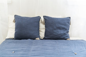 Double, Quilted, Stone Washed Linen Bed Spread Cover In Denim Blue