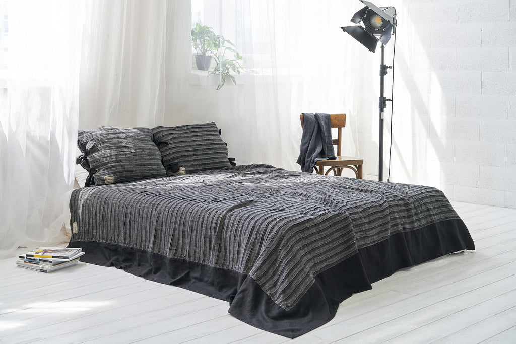 Black Luxury Plisse Linen Bedspread, Softened Premium Quality Linen Coverlet, Black Stonewashed Quality Linen Bedding,  Unique Gift Ideas from  collection by LinenStudioByGustluka
