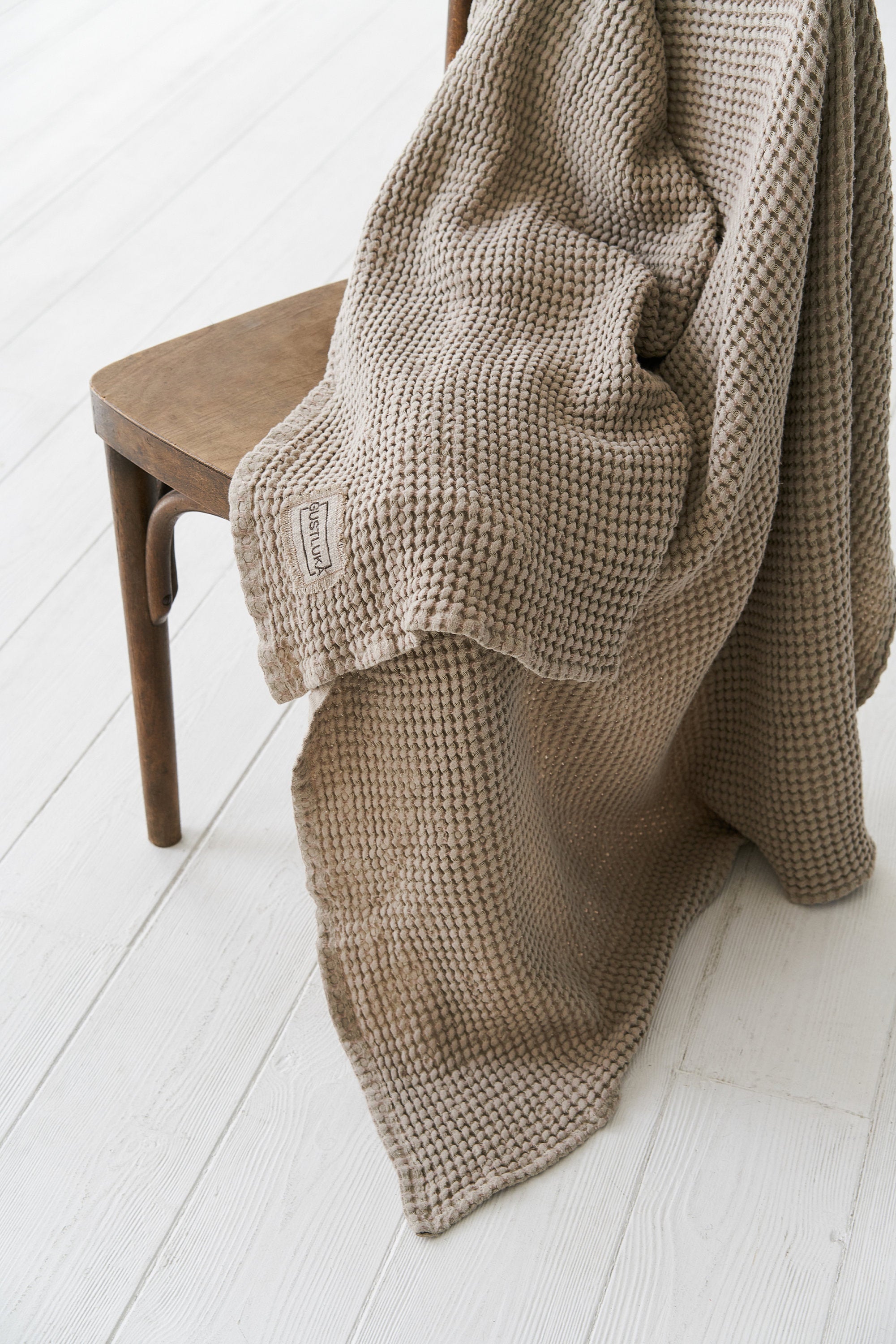 Natural Waffle Linen Throw Blanket In Sand